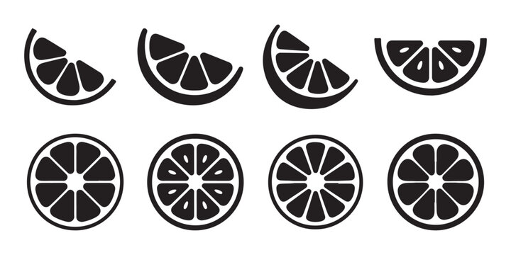 Citrus Slices Icons. Orange, Lemon, Lime Halves and Quarters, Vector Graphics.