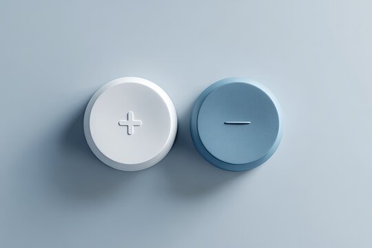 Two computer keycaps, one white with a plus and one blue with a minus symbol, on a soft blue surface