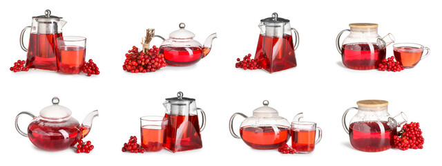 Set of healthy viburnum tea on white background