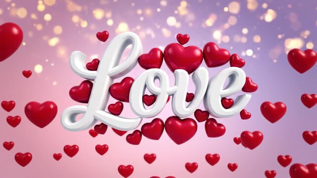 Romantic white script love surrounded by floating red heart shapes against soft pink bokeh background conveying warm affectionate mood. White cursive love lettering surrounded by red heart shapes