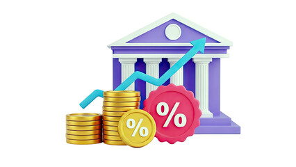 3D Illustration of Bank Growth with Coins and Percentage Symbols