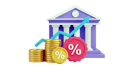 3D Illustration of Bank Growth with Coins and Percentage Symbols