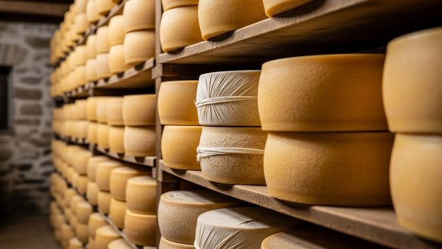 Aging cheese wheels stored on wooden shelves in a cellar.