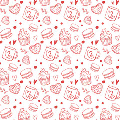 Valentine Sweets Seamless Pattern. Hand Drawn Vector Desserts. Macaroon, Cupcake, Cup, Hearts, Cookie. Valentines Background