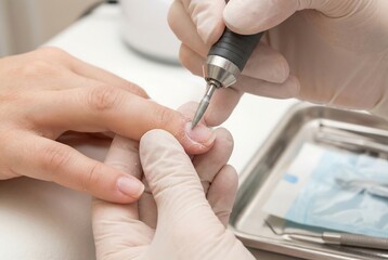 Woman getting a manicure. Nail technician using electric nail file machine to remove dry cuticle during a spa treatment. Beauty service.