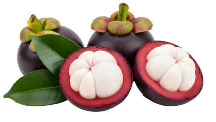 Fresh mangosteen fruits with leaves, white background isolated