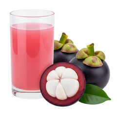 Fresh mangosteen fruits and juice, white background isolated