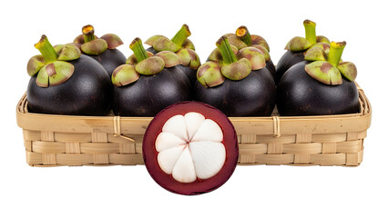 Mangosteen fruits on a woven rectangle bowl, white background isolated