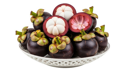 Mangosteen fruits on a woven bowl, white background isolated