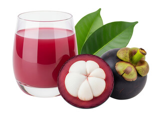 Fresh mangosteen fruits and juice, white background isolated