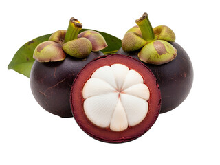 Fresh mangosteen fruits with leaves, white background isolated