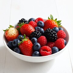 Obraz premium Mixed Berries in White Bowl on White Wooden Table