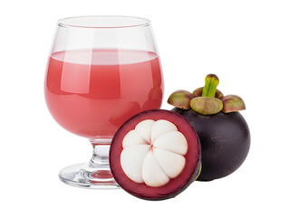 Fresh mangosteen fruit and juice, white background isolated
