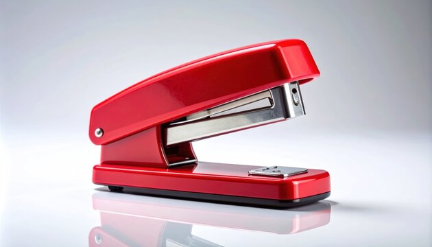 Red stapler on a white surface, office supply close-up.