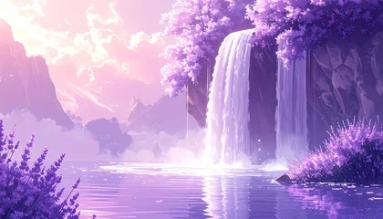 Keuken achterwand Purper Scenic waterfall flowing, reflecting sunlight in tranquil, purple landscape with surrounding mountains  © Adrian