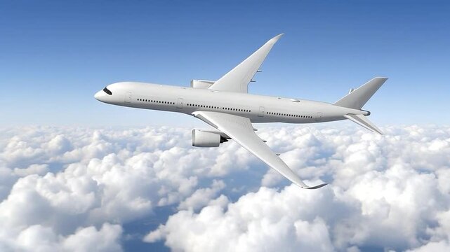 White Airbus A350 Commercial Aircraft Flying High Above White Clouds Bottom View Perspective. Aviation Technology and Air Travel Concept. Large Passenger Plane Soaring in Clear Blue Sky.