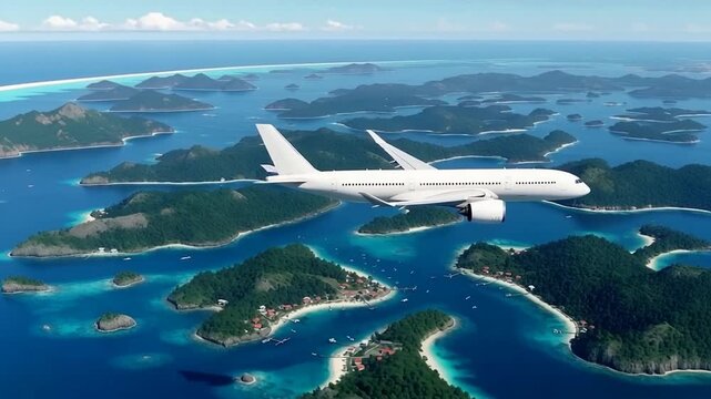 White Airbus A350 Commercial Aircraft Flying Over Tropical Coastline and Sea. Wide Perspective of Modern Passenger Plane Above Islands. Concept of Airline Travel and Luxury Tourism.