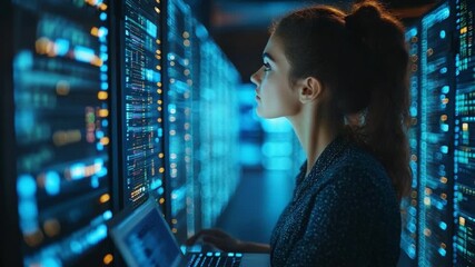Cyber Guardian: A focused technician diligently monitors intricate digital data streams within a cutting-edge server room.  - Powered by Adobe