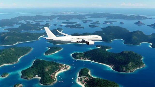 White Passenger Aircraft Airbus A350 Flying Over Beautiful Archipelago and Coastal Landscape. Modern Aviation Concept for Long-Haul Flights, Business Travel, and Vacation Destinations.