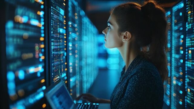 Cyber Guardian: A focused technician diligently monitors intricate digital data streams within a cutting-edge server room. 
