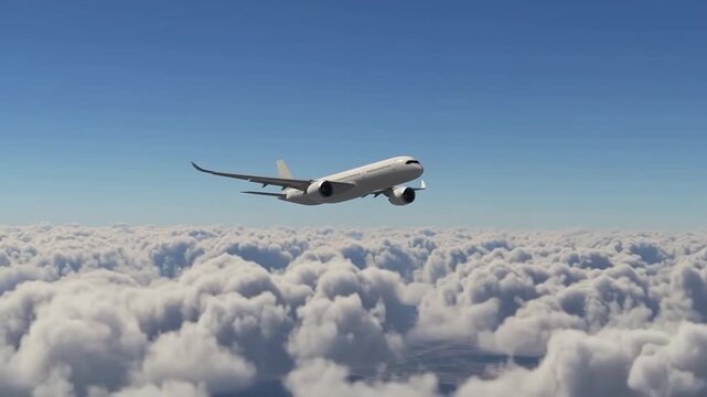 Generic White Airbus A350 Airplane Flying in Sunny Sky. Front Perspective of Commercial Jet Aircraft Above Clouds. Concept of Global Logistics, Tourism, and Aerospace Engineering.