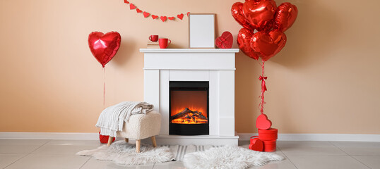Interior of living room decorated for Valentine's Day with fireplace, hearts and balloons