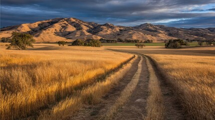 Fototapeta premium Golden light casts long shadows across a vast field with a dirt path leading to rolling hills under a dramatic sky.