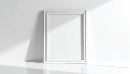 White picture frame stands in minimal, bright interior with sunlight and sharp shadows.