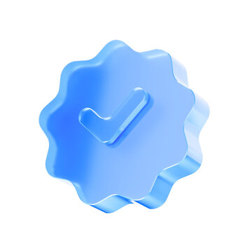 3D Glass verified badge icon, approval checkmark and certification concept. Transparent liquid Glass icon, glassmorphism icon, crystal clear. 3d illustration.
