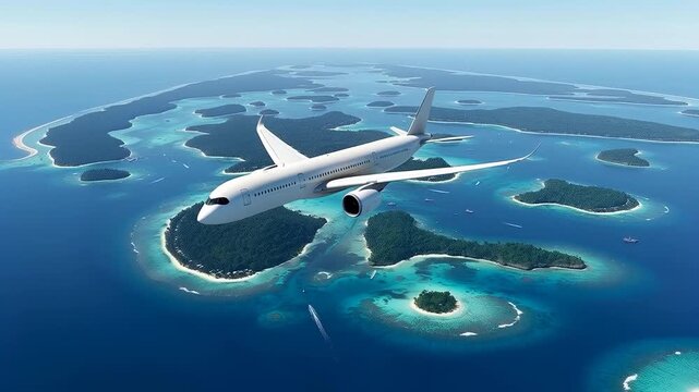 Modern White Airbus A350 Aircraft Flying Over Beautiful Tropical Atoll and Islands, High Angle View of Commercial Plane During Flight, Aviation Industry and Global Connectivity Concept