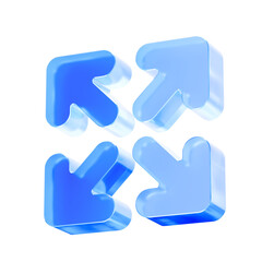 3D Glass expand arrows icon, resize scale and fullscreen navigation concept. Transparent liquid Glass icon, glassmorphism icon, crystal clear. 3d illustration.
