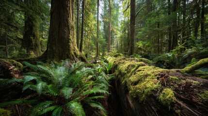 Dense ancient temperate rainforest with lush ferns and sunlight filtering through towering trees
