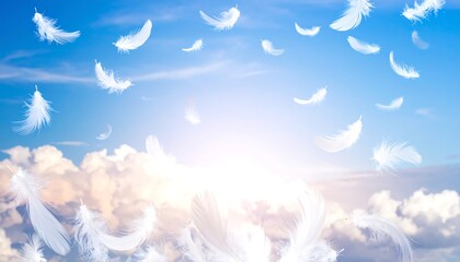 Fluffy white feathers drift gently in a bright, sunny sky with clouds