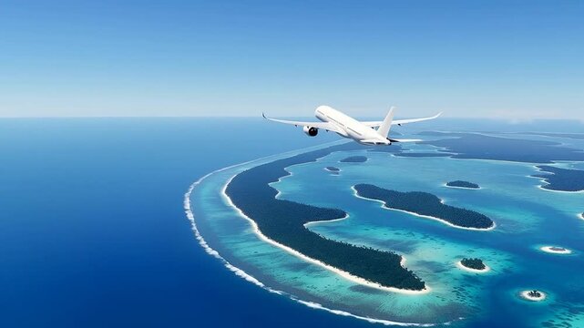 Luxury Commercial Airplane Airbus A350 Soaring Above Deep Blue Ocean and Coral Reefs, Side View of White Jetliner Flying in Clear Blue Sky, Summer Vacation Travel and Transportation