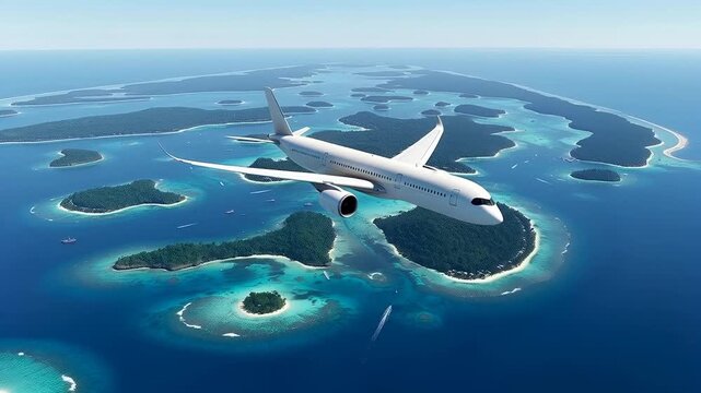 White Airbus A350 Widebody Passenger Jet Flying Over Tropical Islands and Turquoise Ocean, Commercial Aviation, Air Travel Concept, Aerial View of Modern Airplane in Flight Above Paradise