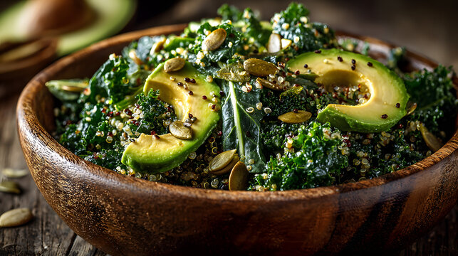 Healthy quinoa salad bowl with kale, avocado, and pumpkin seeds prepared in a rustic kitchen setting