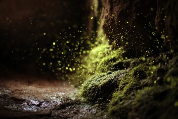 . A damp cave where mold glows faintly, releasing spores that float like fireflies.