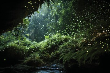 . A damp cave where mold glows faintly, releasing spores that float like fireflies.