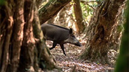 ferocity. A wild boar charging through dense forest undergrowth, its tusks scraping against tree bark in dappled sunlight. wildlife magazines.