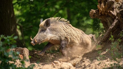 ferocity. A wild boar charging through dense forest undergrowth, its tusks scraping against tree bark in dappled sunlight. wildlife magazines.
