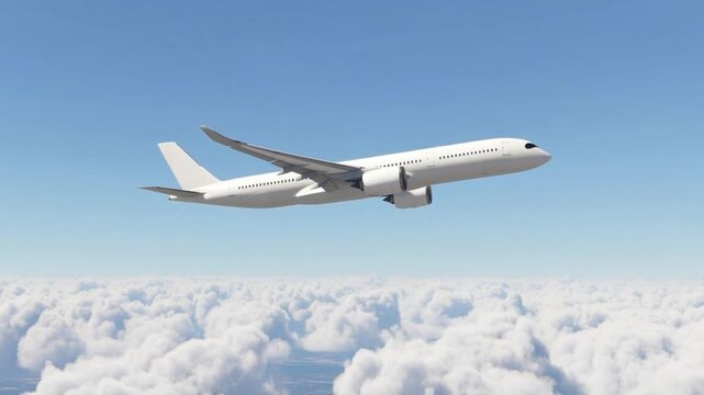 Large White Airbus A350 Passenger Jet Airliner Cruising Through the Sky Above Dense Clouds, Modern Aviation Technology and Global Logistics Concept, Side View of Commercial Plane in Mid-Air