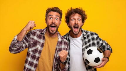 Young two friends men sport fans wearing casual clothes foam 1 fan glove finger up cheer up support football team hold soccer ball watch tv live stream do winner gesture isolated on yellow background
