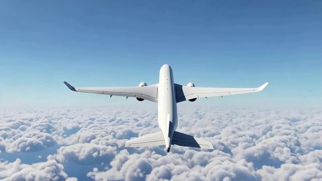 Straight Back View Of White Airbus A350 Flying Above White Clouds, Symmetric Perspective Of Modern Wide-body Passenger Jet, Aviation Transport Industry Concept, Large Commercial Aircraft Flight
