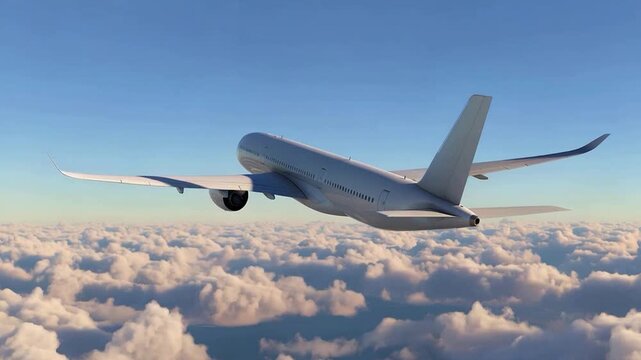 Rear View Of White Airbus A350 Flying Over Clouds, Tail And Wings Perspective Of Modern Commercial Jet, Aerospace Transport Aviation Concept, Wide-body Airplane Cruising At High Altitude Sky