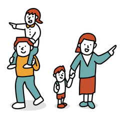 お父さんに肩車されている子どもとお母さんに手を引かれる子供　何かを見つけた家族のイラスト
