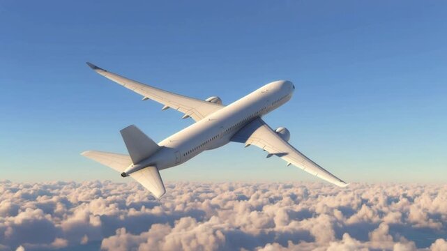 White Airbus A350 Modern Passenger Jet Flying Above Clouds Rear Three-Quarter View High Angle, Commercial Aviation Wide-body Airplane In Flight, Luxury Air Travel Transport Illustration Background