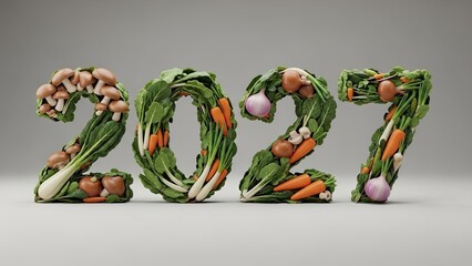 Vibrant 3D Style '2027' Text with Fresh Vegetables, Bold Typography, Greenery, and Organic Produce for Healthy Living, Farm-to-Table, Culinary Inspiration, Organic Lifestyle