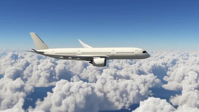 Close-up Side View of White Airbus A350 Fuselage and Engine Above Clouds, Detailed Commercial Aircraft Exterior, Luxury Air Travel, Modern Jetliner Flying High in the Sky, Aviation Background