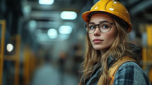 Engineering Vision: A determined female engineer, clad in a hard hat and spectacles, surveys a manufacturing facility, her gaze reflecting professionalism and expertise.