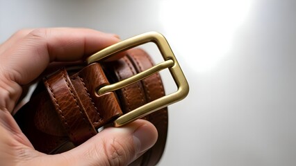 Premium Leather Belt with Brass Buckle Close Up on Minimal Background